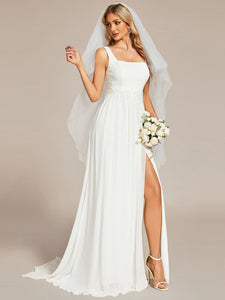 Color=White | Side Split Square Neck A Line Wholesale Wedding Dresses-White 4