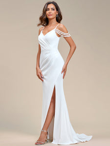 Color=White | Fine Halter Side Split Fishtail Wholesale Wedding Dresses-White 3