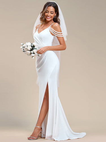 Color=White | Fine Halter Side Split Fishtail Wholesale Wedding Dresses-White 1