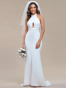 Mermaid Halter Neck Hollow Belted Wholesale Wedding Dresses#Color_White