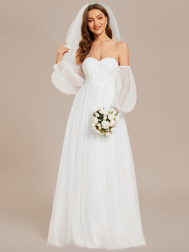 Color=White | Elegant Pure Sequins Mesh Beaded Sweetheart Neck Wholesale Wedding Dresses-White 1