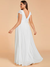 Load image into Gallery viewer, Color=White | Plus Size Hollow Pleated V-Neck Simple Wedding Dress with Short Sleeves-White 2