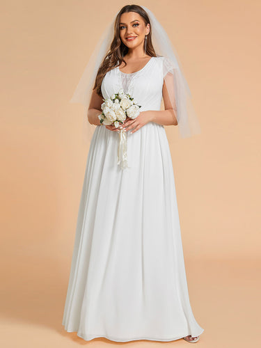 Color=White | Plus Size Hollow Pleated V-Neck Simple Wedding Dress with Short Sleeves-White 1