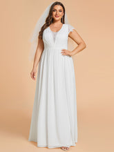 Load image into Gallery viewer, Color=White | Plus Size Hollow Pleated V-Neck Simple Wedding Dress with Short Sleeves-White 3