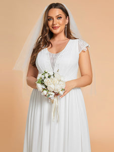 Color=White | Plus Size Hollow Pleated V-Neck Simple Wedding Dress with Short Sleeves-White 4