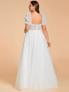Color=White | Plus Size Sweetheart Simple Wedding Dress with Puff Sleeves-White 2