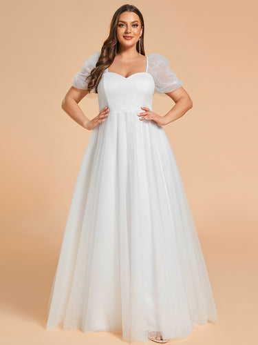 Color=White | Plus Size Sweetheart Simple Wedding Dress with Puff Sleeves-White 1
