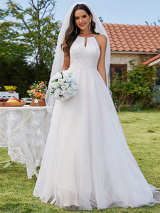 Color=Ivory | Elegant  A-Line Floor Length Keyhole Neck Sleeveless Wholesale Wedding Dress-Ivory 3