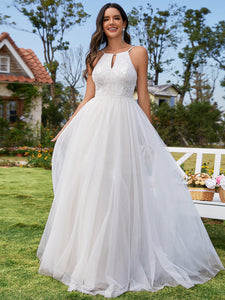 Color=Ivory | Elegant  A-Line Floor Length Keyhole Neck Sleeveless Wholesale Wedding Dress-Ivory 1