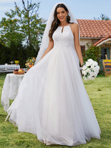 Color=Ivory | Elegant  A-Line Floor Length Keyhole Neck Sleeveless Wholesale Wedding Dress-Ivory 5