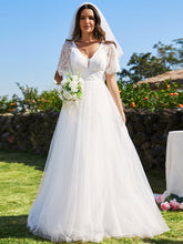 Load image into Gallery viewer, Color=White | A-line V-Neck Lace Wholesale Wedding Dresses With Embroidery-White 4