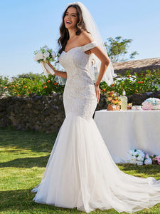 Color=Ivory | Elegant Fishtail  Floor Length Off Shoulder Sleeveless Wholesale Wedding Dress-Ivory 3
