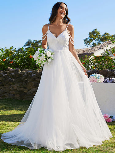 Color=White | Elegant Spaghetti Straps A-Line Floor Length V Neck Sleeveless Wholesale Wedding Dress-White 1