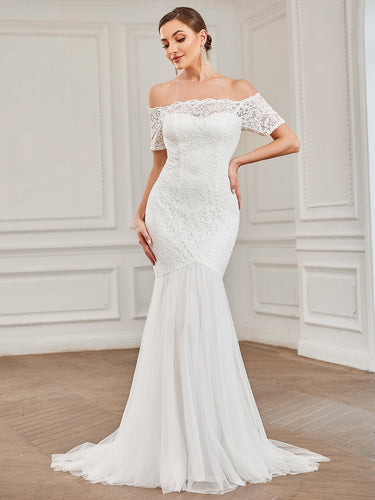 Color=White | Off Shoulders Fishtail Half Sleeves Wholesale Wedding Dresses-White 1