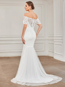 Color=White | Off Shoulders Fishtail Half Sleeves Wholesale Wedding Dresses-White 2