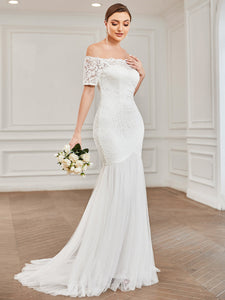 Color=White | Off Shoulders Fishtail Half Sleeves Wholesale Wedding Dresses-White 3