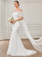 Load image into Gallery viewer, Color=White | Off Shoulders Fishtail Half Sleeves Wholesale Wedding Dresses-White 4