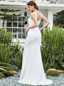 Color=Cream | Elegant Sleeveless Square Neckline Wedding Dress-Cream 2