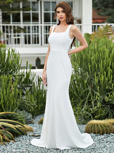 Color=Cream | Elegant Sleeveless Square Neckline Wedding Dress-Cream 3