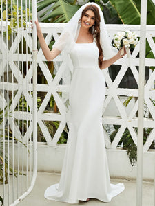 Color=Cream | Elegant Sleeveless Square Neckline Wedding Dress-Cream 1