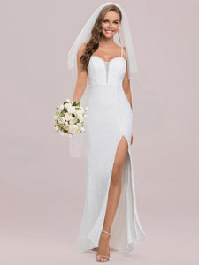 Color=Cream | Sexy Deep V Neck Fishtail Silhouette Wholesale Wedding Dresses-Cream 7