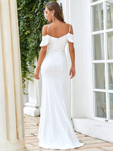 Color=Cream | A Line Short Ruffle Sleeves Wholesale Wedding Dresses with split-Cream 2