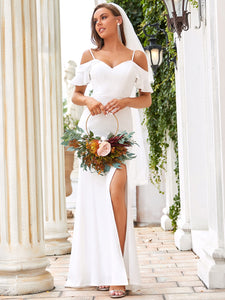 Color=Cream | A Line Short Ruffle Sleeves Wholesale Wedding Dresses with split-Cream 1