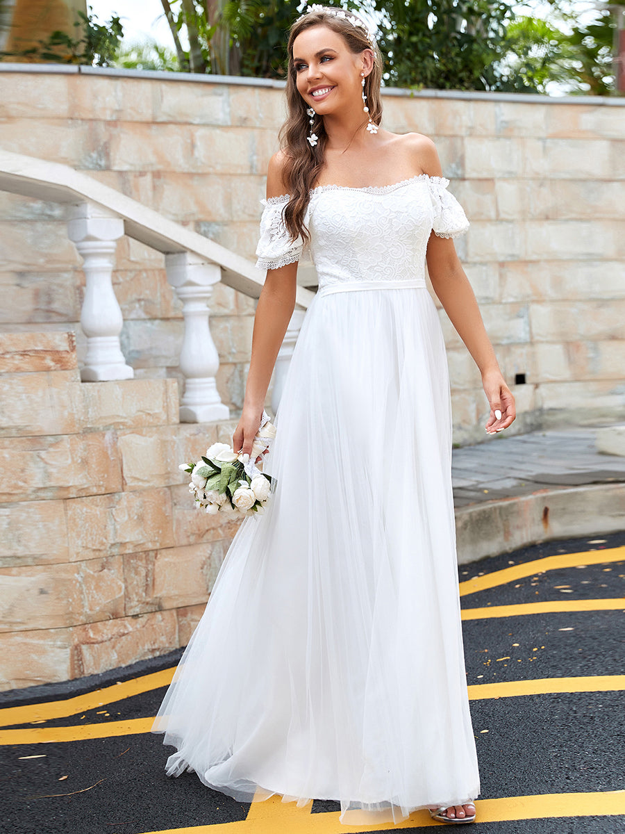Color=Cream | Magnificent Off Shoulder A Line Wholesale Wedding Dresses-Cream 1