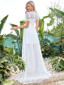 Color=Cream | A Line Short Puff Sleeves Wholesale Wedding Dresses-Cream 2