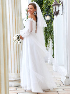 Color=Cream | A Line V Neck Bishop Sleeves Wholesale Wedding Dresses-Cream 2