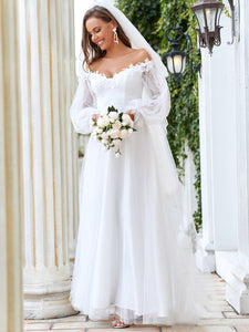Color=Cream | A Line V Neck Bishop Sleeves Wholesale Wedding Dresses-Cream 3