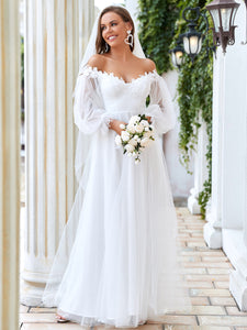 Color=Cream | A Line V Neck Bishop Sleeves Wholesale Wedding Dresses-Cream 4