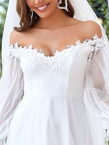 Color=Cream | A Line V Neck Bishop Sleeves Wholesale Wedding Dresses-Cream 5
