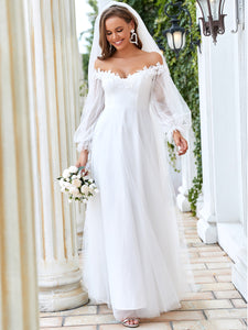 Color=Cream | A Line V Neck Bishop Sleeves Wholesale Wedding Dresses-Cream 1