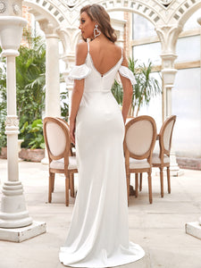 Color=Cream | Deep V-Neck Fishtail Silhouette Wholesale Wedding Dresses-Cream 2