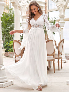 Color=Cream | Deep V Neck A-Line Floor Length Wholesale Wedding Dresses-Cream 3