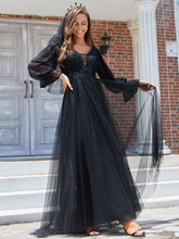 Load image into Gallery viewer, Color=Black | Floor Length A Line Long Puff Sleeves Wholesale Wedding Dresses-Black 6