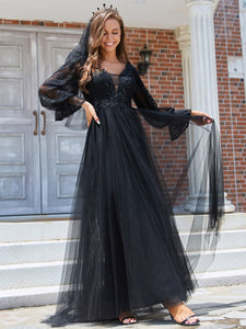 Color=Black | Floor Length A Line Long Puff Sleeves Wholesale Wedding Dresses-Black 6