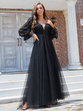 Load image into Gallery viewer, Color=Black | Floor Length A Line Long Puff Sleeves Wholesale Wedding Dresses-Black 8