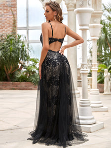 Color=Black | Deep V Neck Floor Length Fishtail Wholesale Wedding Dresses-Black 2