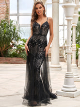 Load image into Gallery viewer, Color=Black | Deep V Neck Floor Length Fishtail Wholesale Wedding Dresses-Black 4