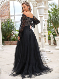Color=Black | Deep V Neck Off-Shoulder Floor Length Wholesale Wedding Dresses-Black 2