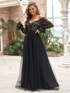 Color=Black | Deep V Neck Off-Shoulder Floor Length Wholesale Wedding Dresses-Black 3