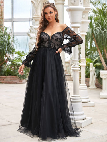 Color=Black | Deep V Neck Off-Shoulder Floor Length Wholesale Wedding Dresses-Black 1