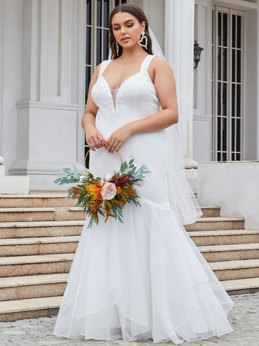 Color=Cream | Sleeveless V Neck Fishtail Silhouette Wholesale Wedding Dresses-Cream 1