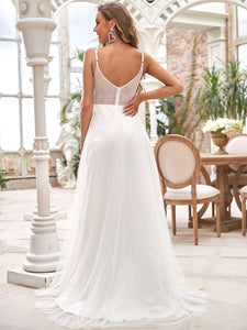 Color=Cream | Deep V Neck Sleeveless Asymmetrical Hem Wholesale Wedding Dresses-Cream 2