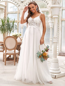 Color=Cream | Deep V Neck Sleeveless Asymmetrical Hem Wholesale Wedding Dresses-Cream 1