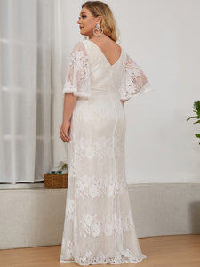 Color=Cream | Deep V-Neck Short Ruffles Sleeves Wholesale Wedding Dresses-Cream 4