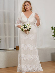 Color=Cream | Deep V-Neck Short Ruffles Sleeves Wholesale Wedding Dresses-Cream 2