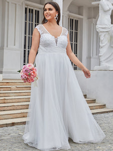 Color=Cream | Sleeveless Deep V Neck Floor Length Wholesale Wedding Dresses-Cream 1